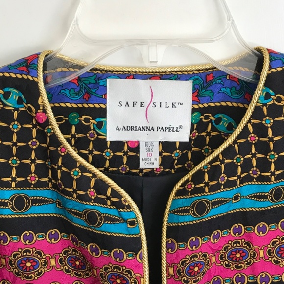 ADRIANNA PAPELL Safe Silk Evening Jacket Blazer Button Front Gold Detail Size 10 - Picture 2 of 16